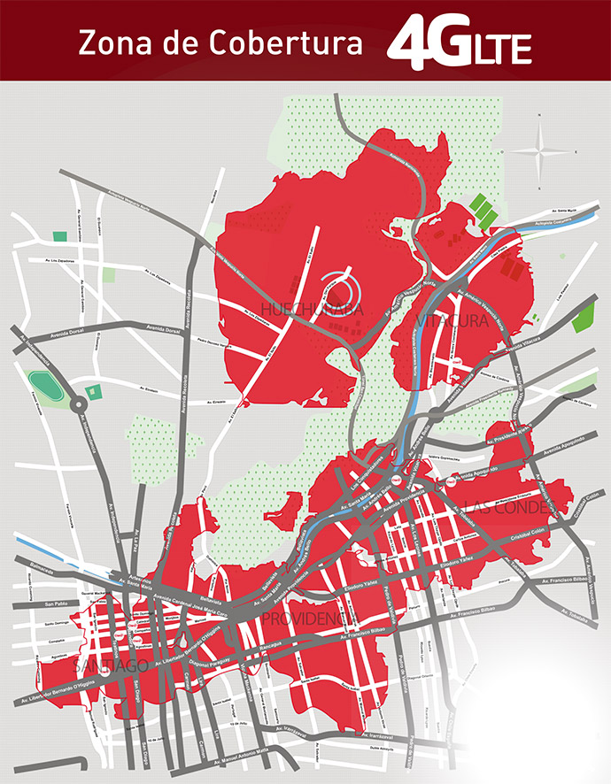 Mapa zona cobertura 4G LTE en Región Metropolitana