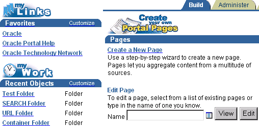 Snapshot of the Oracle Portal home page showing the Favorites, Recent Objects, and Pages portlets