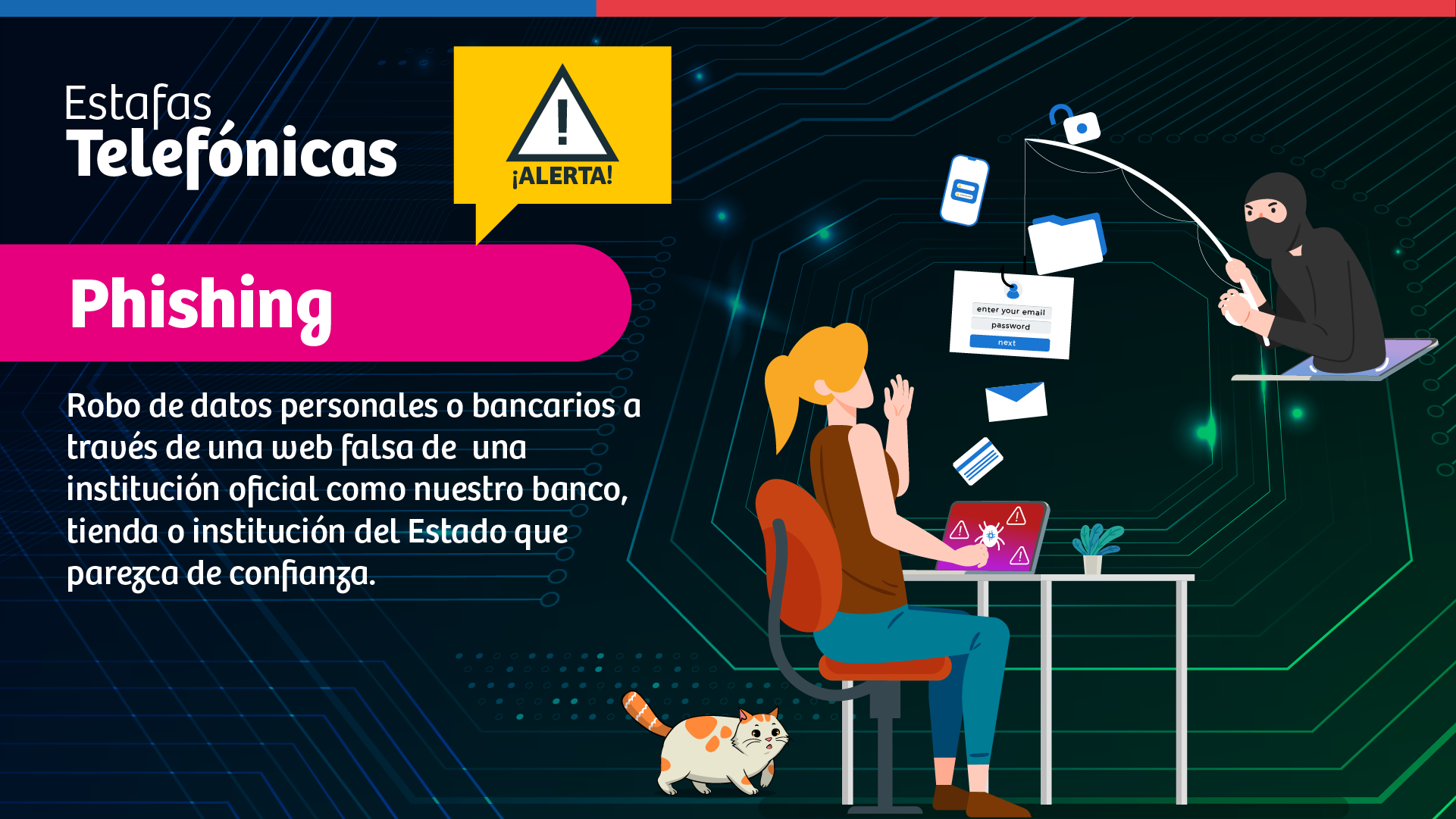 El phishing es el robo de datos personales o bancarios a través de una web falsa de una institución oficial como un banco, tienda o institución del Estado que parezca de confianza